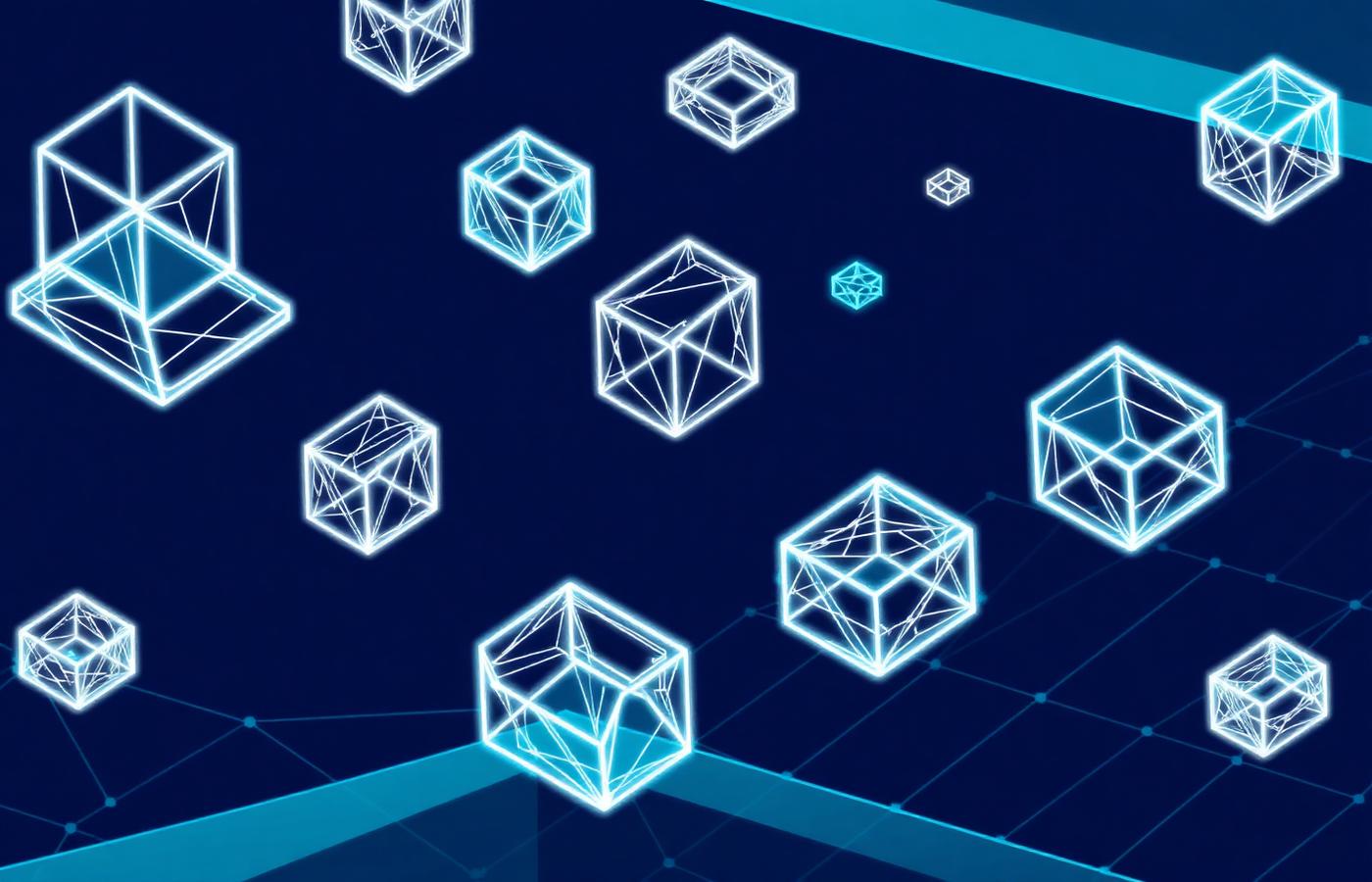 Isometric wireframe cubes floating on a deep navy grid representing modular software architecture