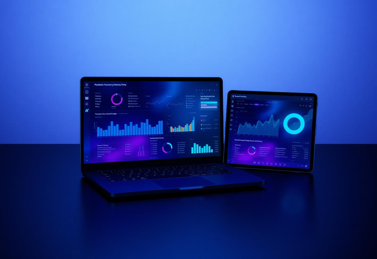 Modern laptop and tablet displaying analytical dashboards in a dark studio environment