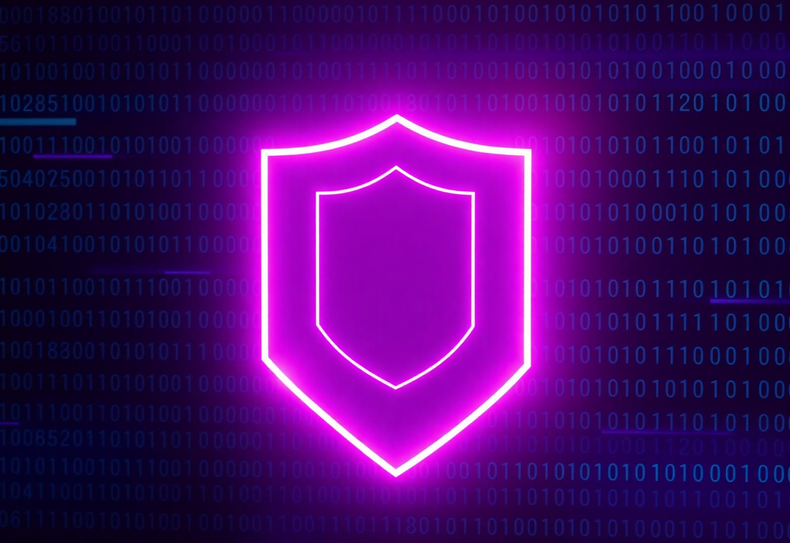 Neon shield over binary code